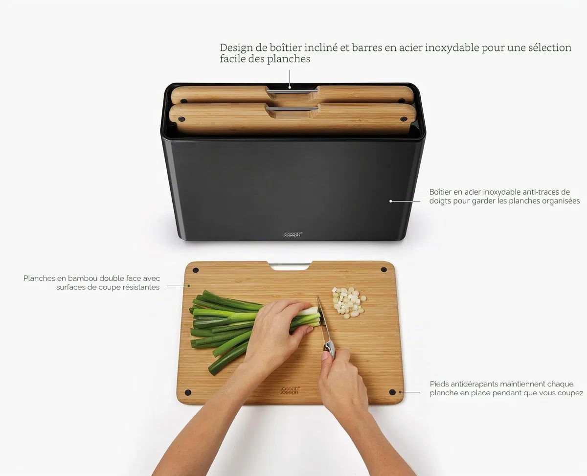 Joseph Joseph Folio Set de 3 Planches à Découper en bois de bambou, Etui en Acier Inox pour, Rangement Cuisine