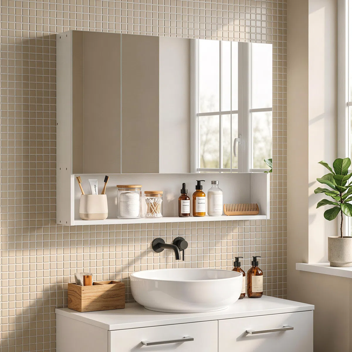 kleankin Armoire Murale Salle de Bain avec Miroir, 90 x 15 x 75 cm, Meuble Salle de Bain, Armoire de Toilette avec 3 Portes Miroir, Compartiment Ouvert et étagères réglables, Blanc