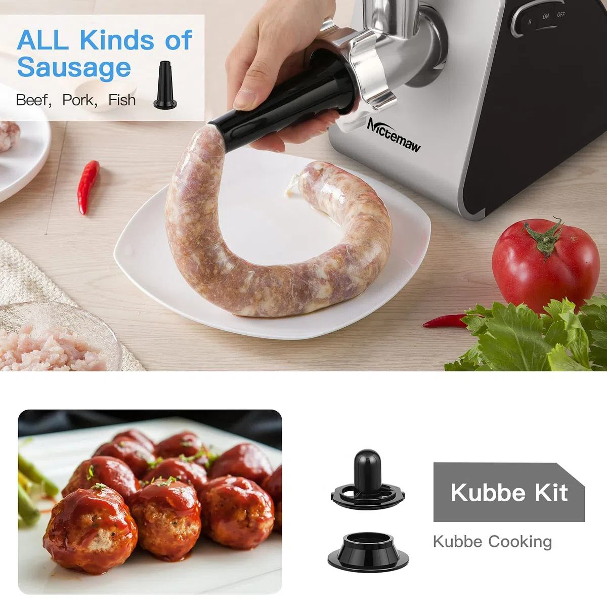 Hachoir à Viande Électrique 2000W Professionnel, Machine Multifonctions avec Poussoir à Saucisse, Lames Inox, Grilles de Hachage, Embout Biscuits pour Faire Viande Hachée et Saucisses Maison