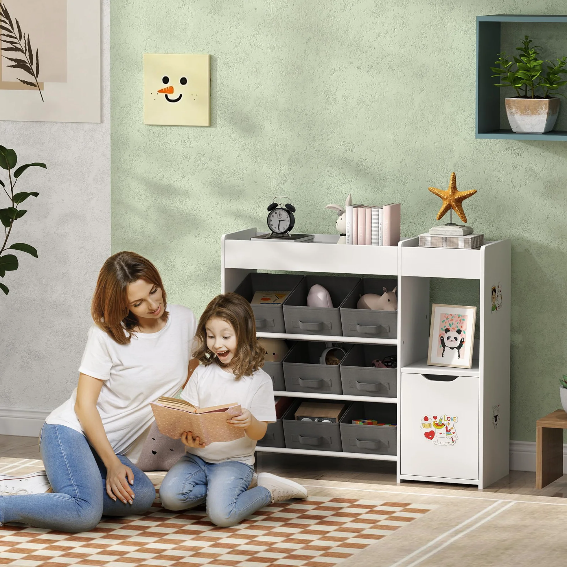 AIYAPLAY Meuble Rangement Enfant étagère de Rangement pour Jouets Enfants avec 9 tiroirs en Tissu et Placard pour Chambre d'enfant, Salle de Jeux, garderie, Blanc
