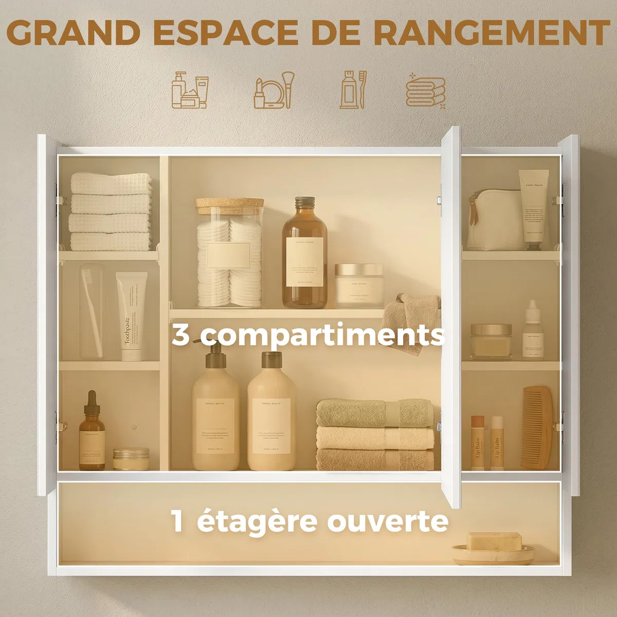 kleankin Armoire Murale Salle de Bain avec Miroir, 90 x 15 x 75 cm, Meuble Salle de Bain, Armoire de Toilette avec 3 Portes Miroir, Compartiment Ouvert et étagères réglables, Blanc