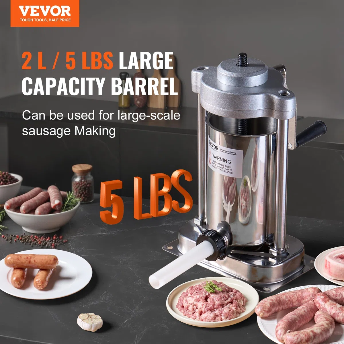 VEVOR Poussoir à Saucisses Manuel 2 L, Machine à Saucisses Verticale avec Pince de Type G, Ensacheuse Saucisse en Acier Inoxydable 304 Alimentaire, 3 Tubes de Remplissage, pour Cuisine Restaurant
