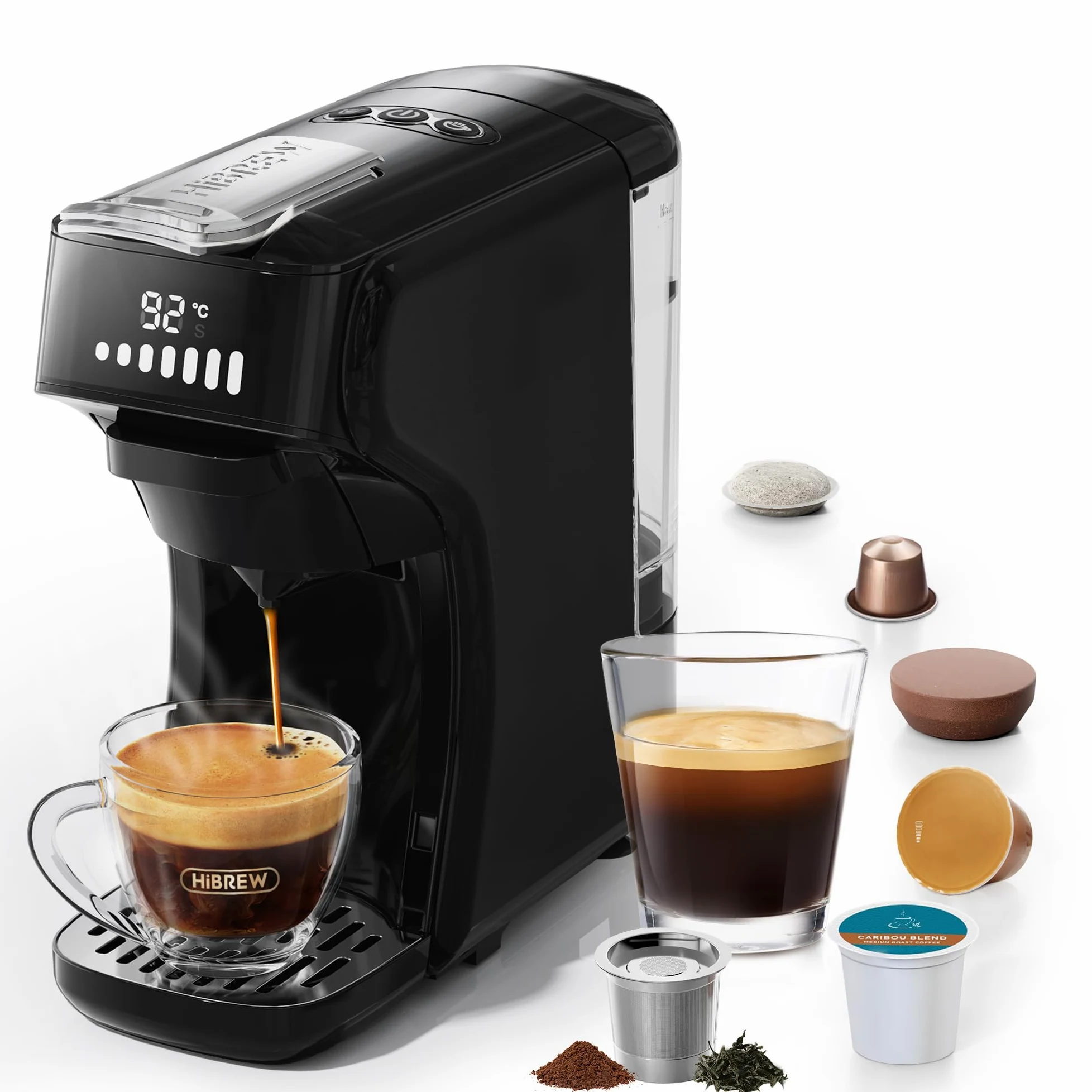HIBREW H1B Machine à Café à Capsules 6-en-1 | Compatible Ns*/DG*/ Es*/Kcup*/Café Moulu, Bouton Unique Infusion Chaude et Froide, Température et Quantité Réglable (Noir)
