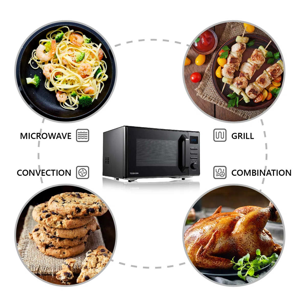 Toshiba Four à micro-ondes 950 W 25 L avec cavité en émail facile à nettoyer, plateau tournant à mémoire de position, convection 2250 W et grille croustillante 1150 W – Noir – MW2-AC25TF(BK)