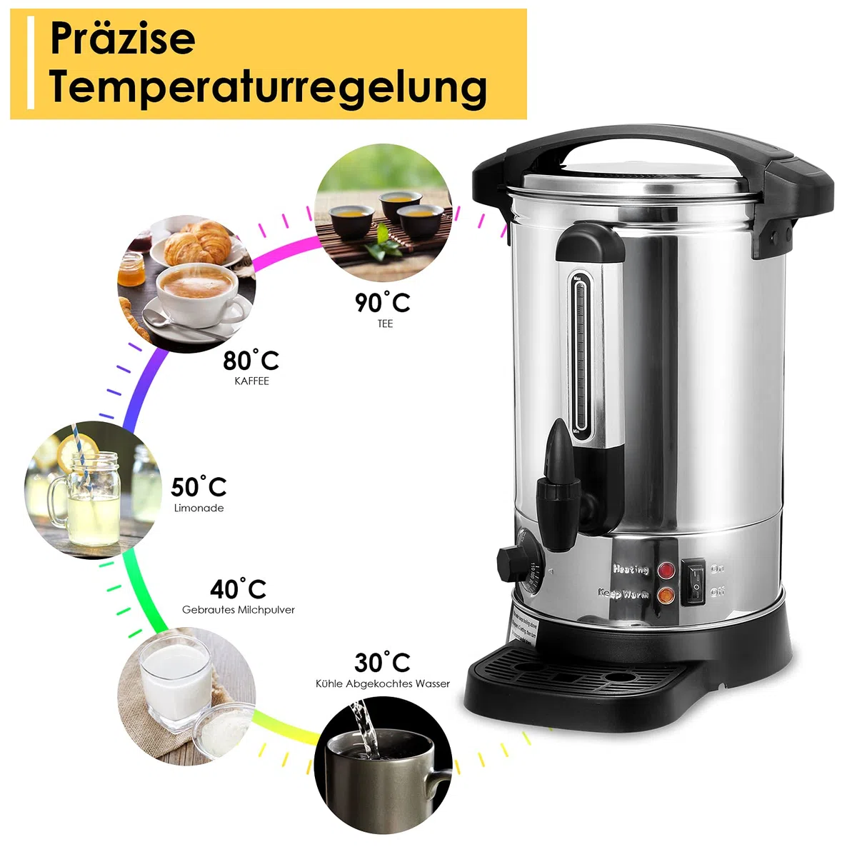 Bouilloire à vin chaud, 8,8 l, distributeur d'eau chaude en acier inoxydable, avec bac récupérateur, robinet, thermostat indicateur de niveau, distributeur automatique de boissons chaudes