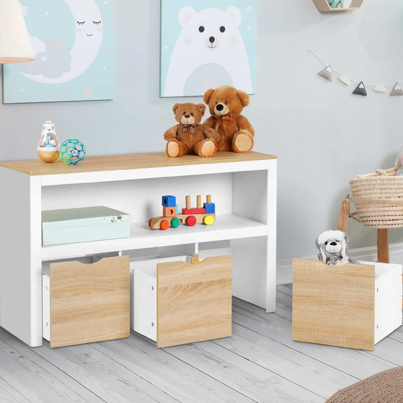 IDMarket - Meuble de Rangement Enfant Mana en Bois Blanc et hêtre 3 tiroirs Cubes sur roulettes
