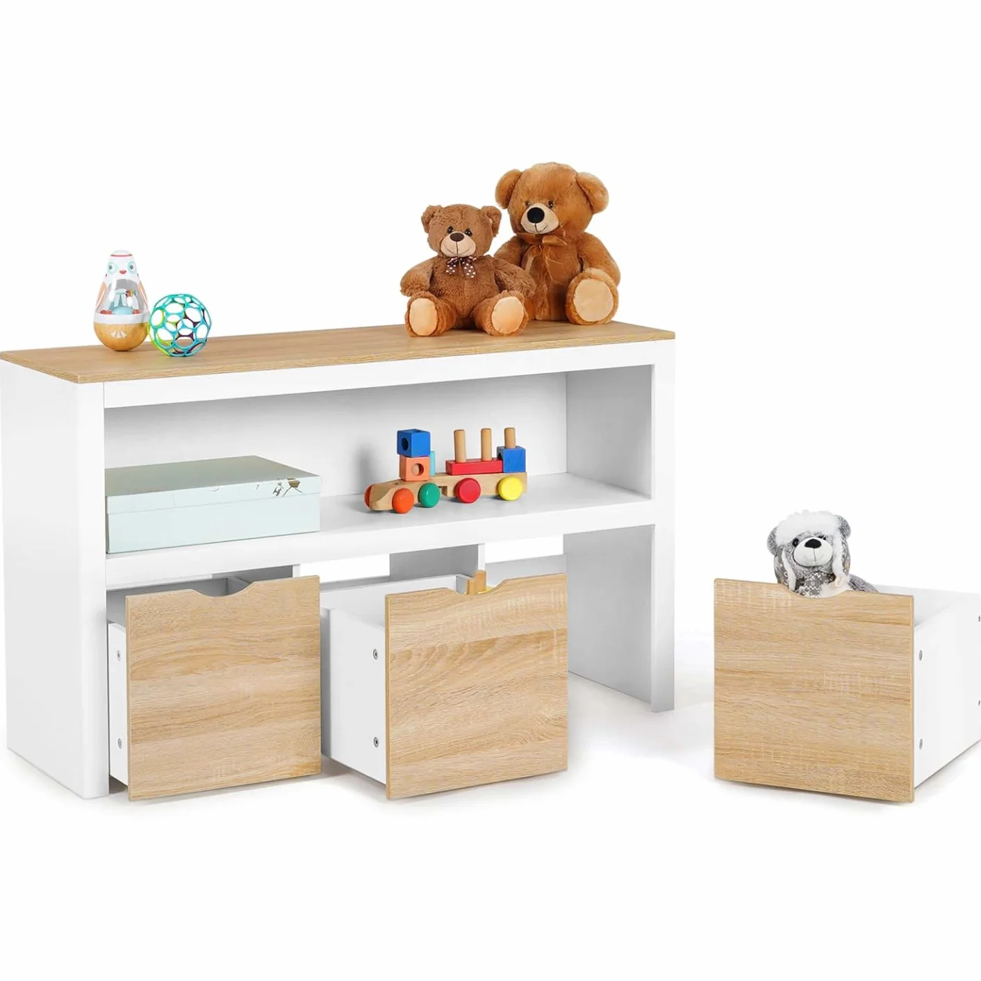 IDMarket - Meuble de Rangement Enfant Mana en Bois Blanc et hêtre 3 tiroirs Cubes sur roulettes