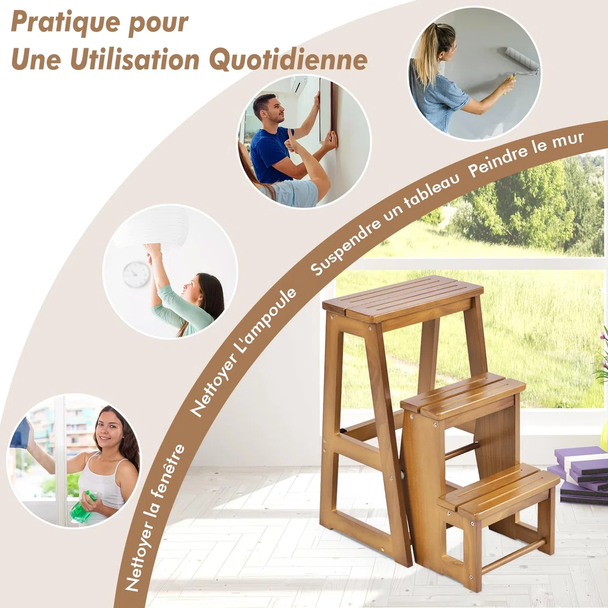 GIANTEX Escabeau Tabouret en Bois,Escabeau à 3 Marches Pliable,Marche Pied Echelle Portable, Peu Encombrant,pour Cuisine Chambre (Naturel)
