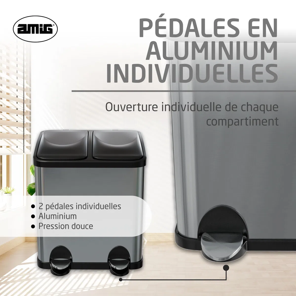 Amig - Poubelle de Recyclage Double avec Pédales Mod. RECIK2 - Poubelle Anti-traces pour Cuisine - Acier Inoxydable - 2 Compartiments x 15 L - 48 x 32 x 40 cm - Argenté