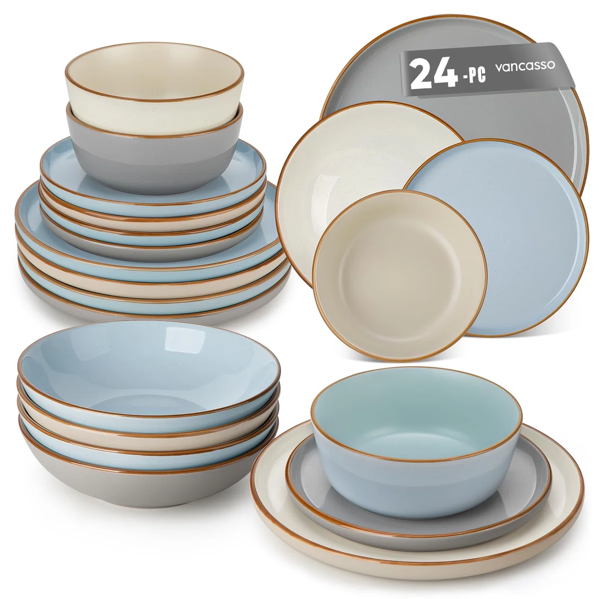 vancasso RENO Assittes Service de table en faïence pour 6 personnes, 24 pièces, Grès - Assiettes Plates, Dessert, Bols - Adapté au Micro, 3 Couleurs Bleu/Gris/Beige, 2 de chaque