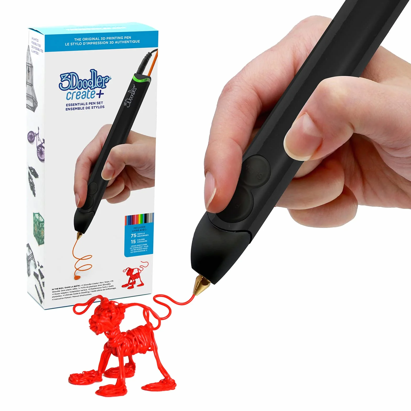 3DOODLER- Create+ Ensemble de Stylo d'impression 3D avec x75 Filament Plastique, Modèle 2023 (EU-Plug), Onyx Black