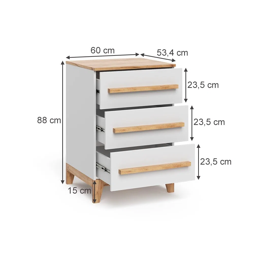 VitaliSpa Commode avec tiroirs Malia, Blanc/Artisan, 60x88cm avec 3 tiroirs, Compatible avec d'autres Meubles de la série Malia