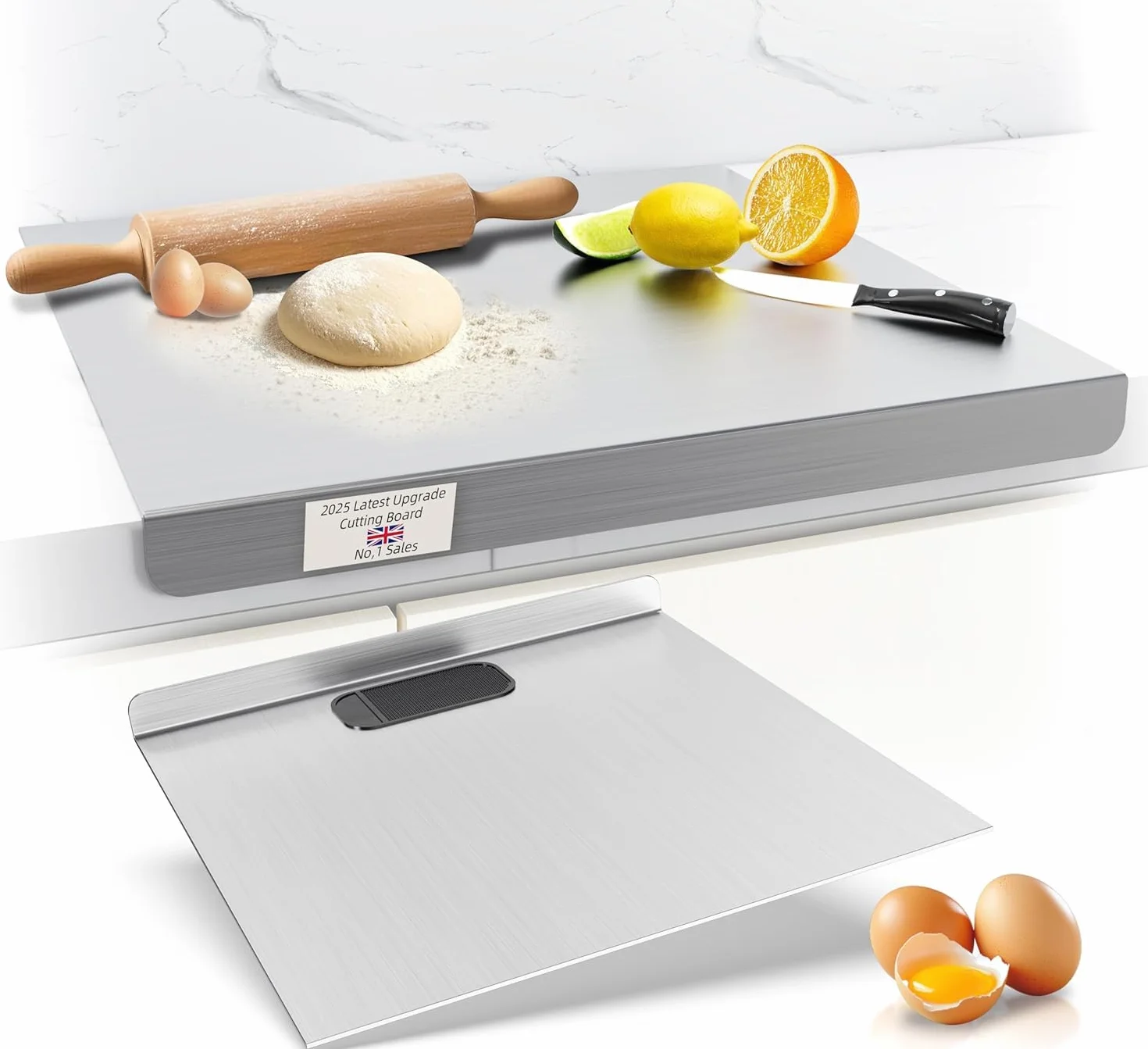 Plaque Inox Cuisine en acier Inoxydable, Planche a Decouper Inox, Protege Plan de Travail Cuisine avec bord d'arrêt, Planche à Pétrir Inox pour Pain et Pizza(Hauteur 2cm) (58x90cm)