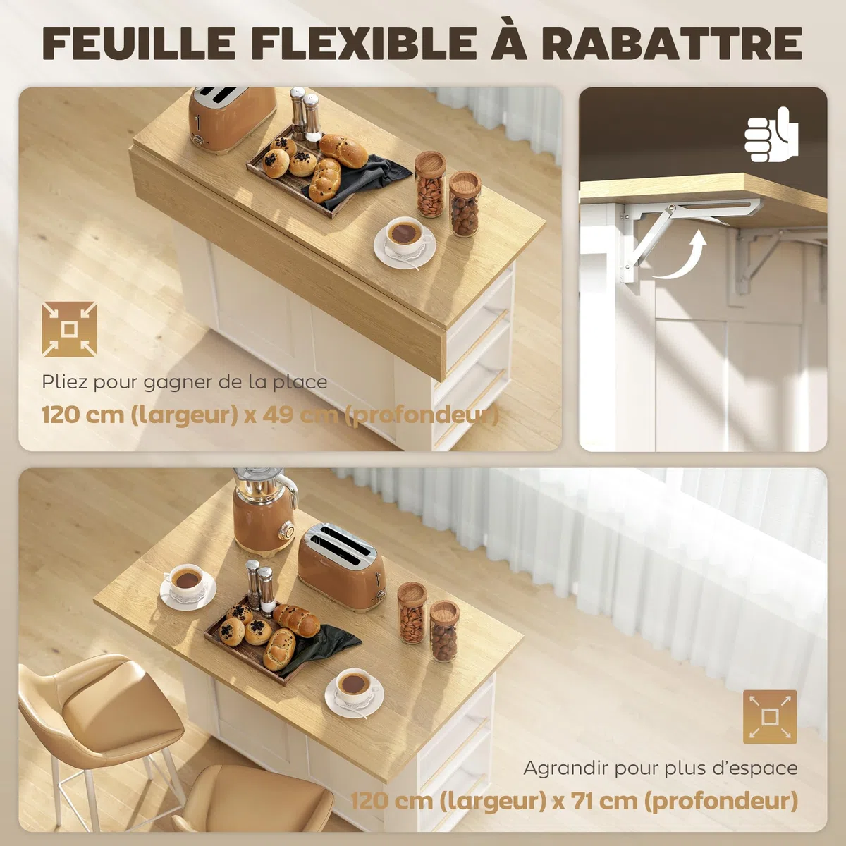 HOMCOM Îlot de Cuisine avec Station de Charge, Chariot de Cuisine à roulettes avec Plan de Travail Rabattable, Racks à Épices, 2 Tiroirs et Étagère Réglable, pour Cuisine et Salle à Manger, Blanc
