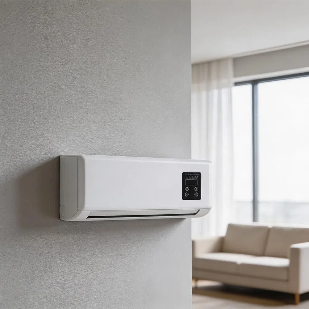 Ventilateur mural 2 en 1 de chauffage et de refroidissement, silencieux, petit climatiseur pour chambre à coucher, salle de bain, compact avec mode brise naturelle, blanc, 42 x 18 x 12 cm