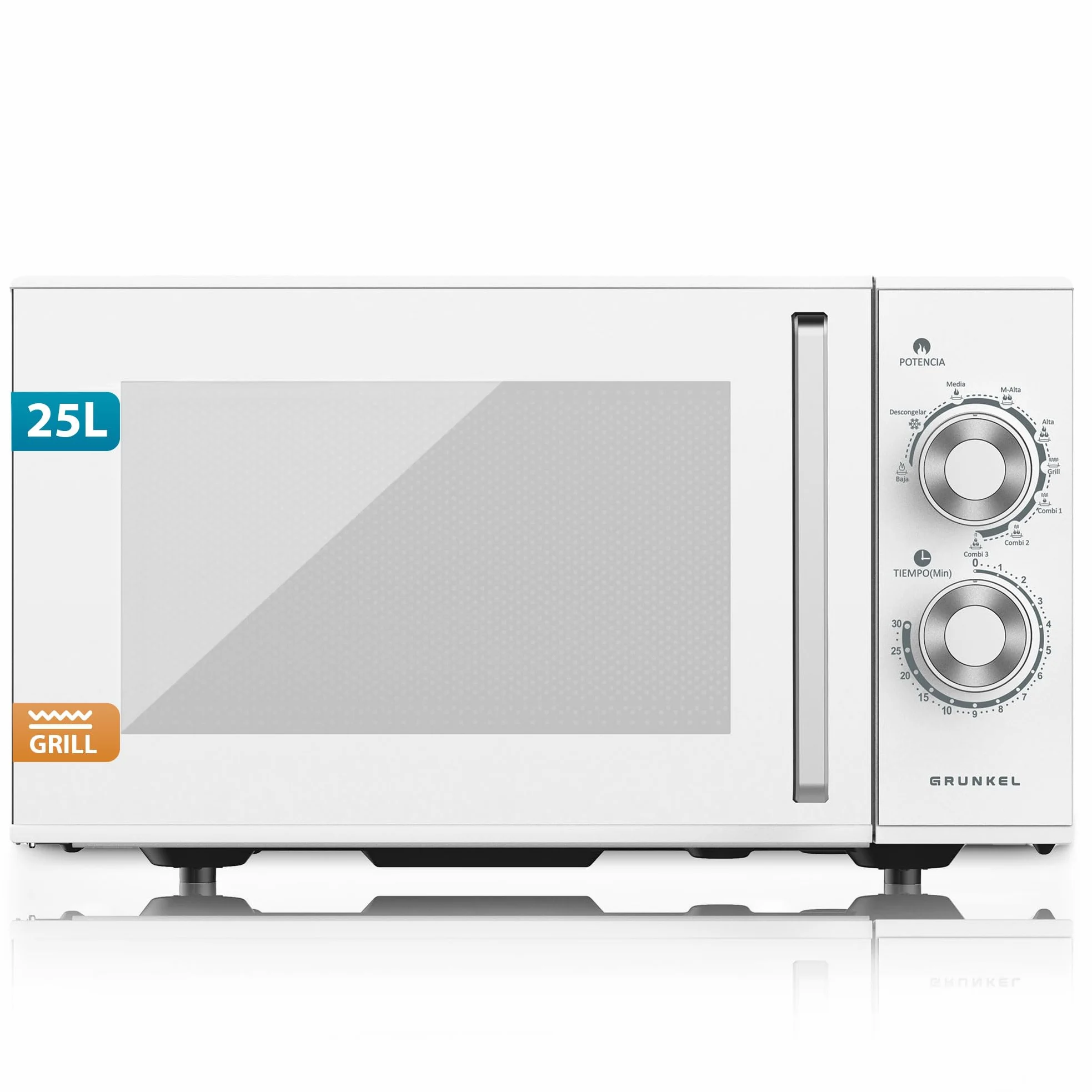 Grunkel Micro-ondes avec grill de 25 litres, 900 W + 1000 W, 5 niveaux de puissance, 3 modes combinés, minuterie 30 min, ouverture avec poignée et plateau Ø245 mm