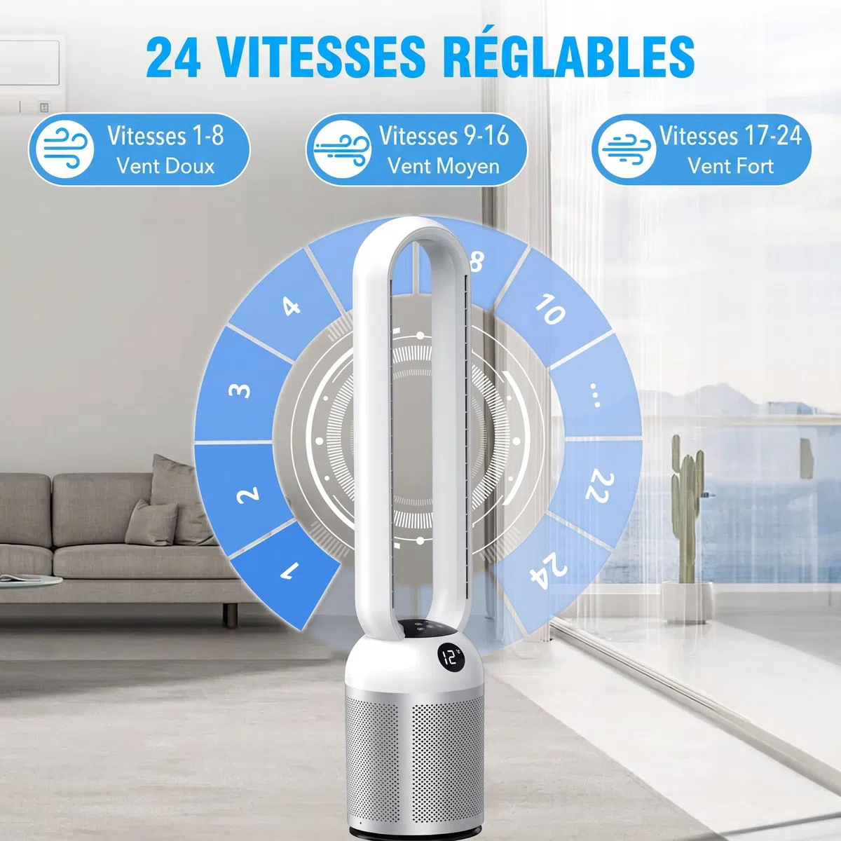 YAZEKY Ventilateur Colonne Sans Pale 101 cm, 24 Vitesses Ventilateur Tour Silencieux, Ventilateur de Sol Oscillant à 90, Écran LCD, Minuterie De 12H, Ventilateur Sur Pied Pour Chambre& Bureau (Argent)