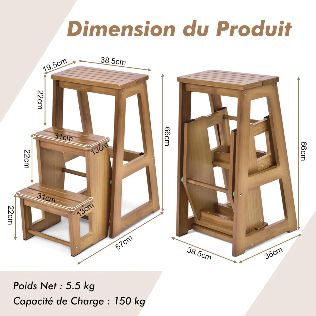 GIANTEX Escabeau Tabouret en Bois,Escabeau à 3 Marches Pliable,Marche Pied Echelle Portable, Peu Encombrant,pour Cuisine Chambre (Naturel)