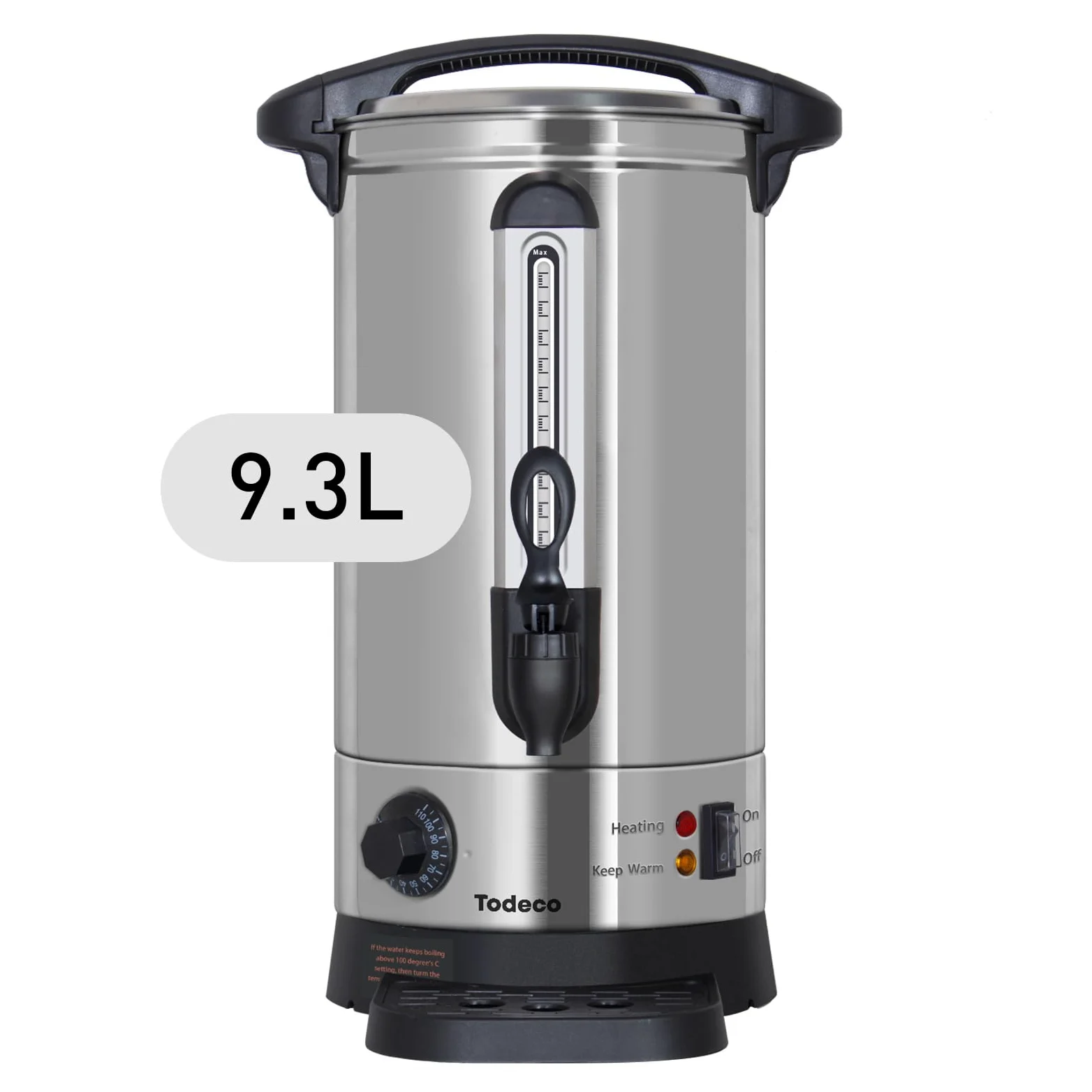 Todeco Distributeur de Boissons Chaudes 9,3L, 1500W, Marmite à Vin Chaud en Inox avec bac récupérateur, robinet, Thermostat, Réglage de la Température 30-110°C