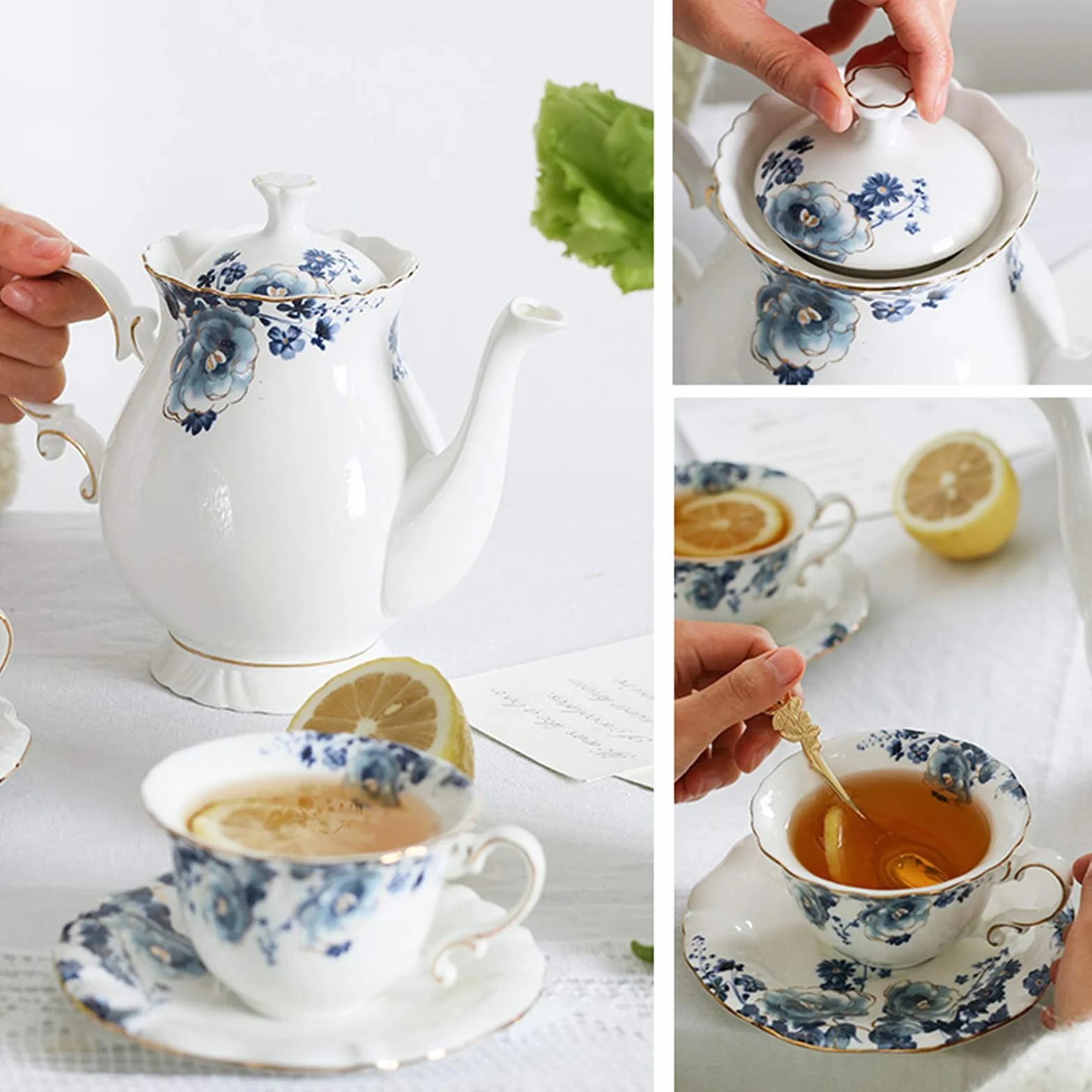 fanquare 15 Pièces Services à Thé en Porcelaine Fleurs Bleues,Ensemble de Café en Céramique Vintage,Service de Table de Mariage pour Adultes