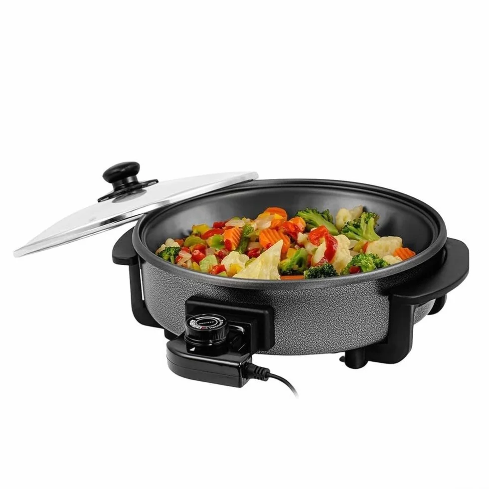 Poêle électrique de 42 cm avec couvercle, 1500W antiadhésive, Thermostat réglable pour frire, griller, faire des marmites et des pizzas lors de réunions de famille (9 cm de profondeur)