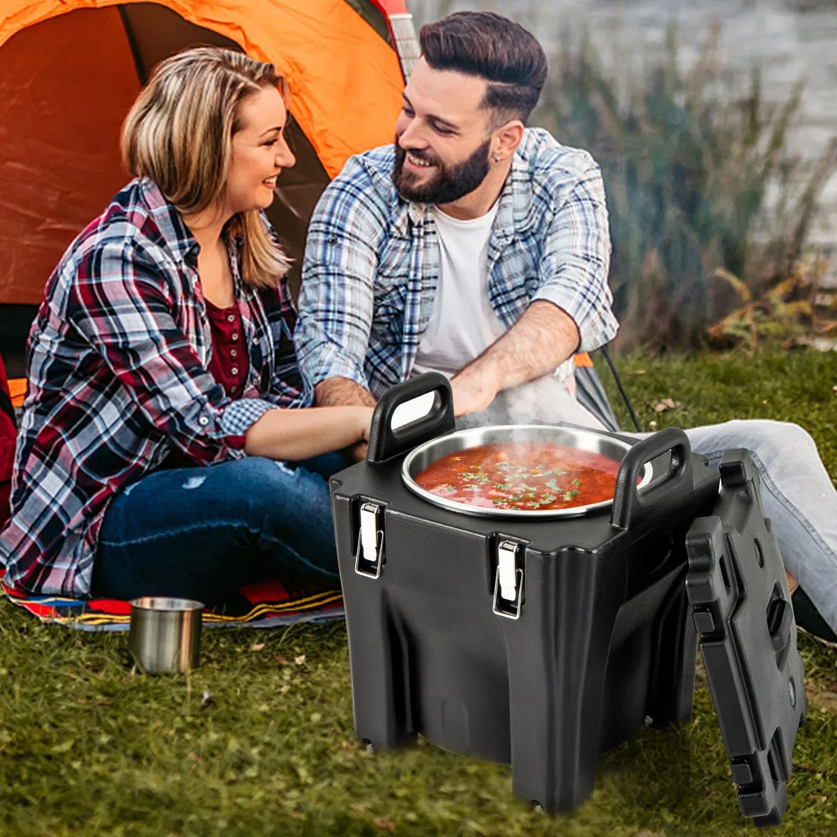 COSTWAY Récipient à Soupe isolé Chauffe-plats Empilable de 30 L, Conteneur Isotherme Portable en Acier Inoxydable avec 2 Poignées Roues à Frein, pour Restauration Camping, Noir