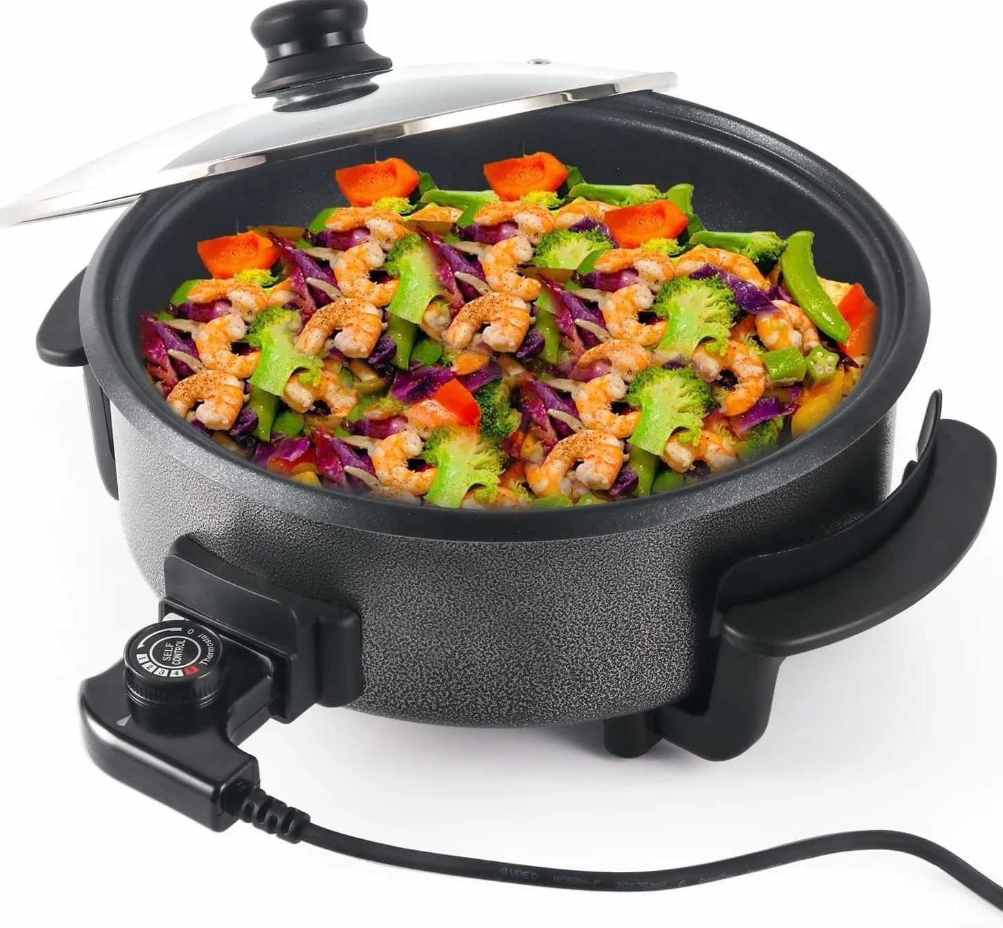 Poêle électrique de 42 cm avec couvercle, 1500W antiadhésive, Thermostat réglable pour frire, griller, faire des marmites et des pizzas lors de réunions de famille (9 cm de profondeur)