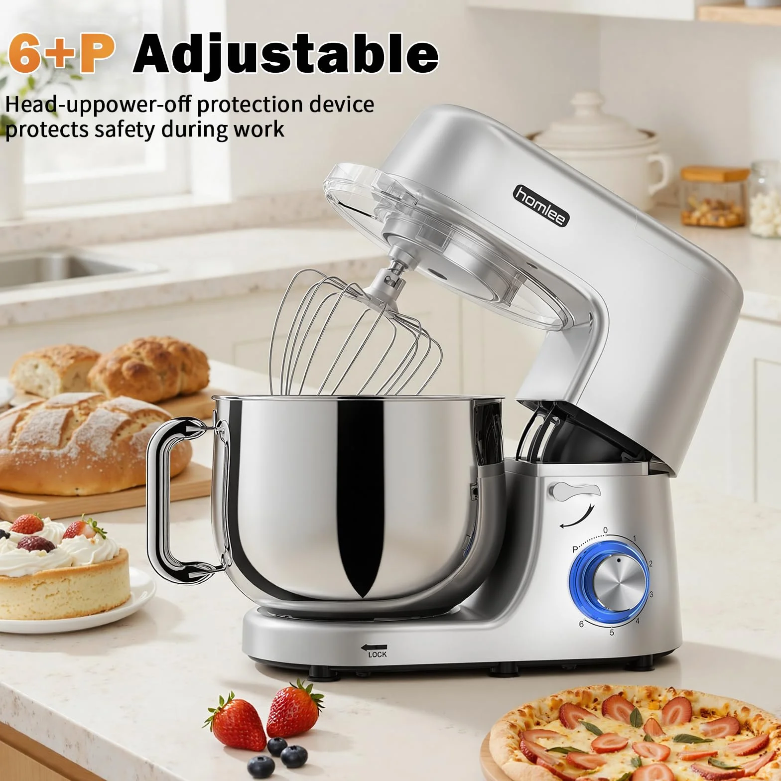 Homlee Robot Patissier,2000 W Robot Pâtissier 7.2L Robot Pétrin Professionnel,Bol Acier Inoxydable,Fouet,Batteur,Crochet,Pare-éclaboussures 6+P Vitesses