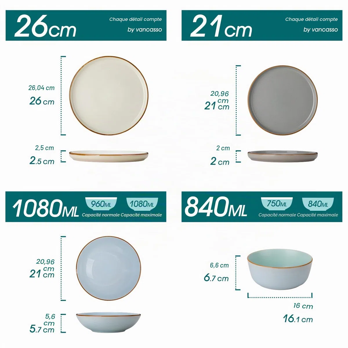 vancasso RENO Assittes Service de table en faïence pour 6 personnes, 24 pièces, Grès - Assiettes Plates, Dessert, Bols - Adapté au Micro, 3 Couleurs Bleu/Gris/Beige, 2 de chaque