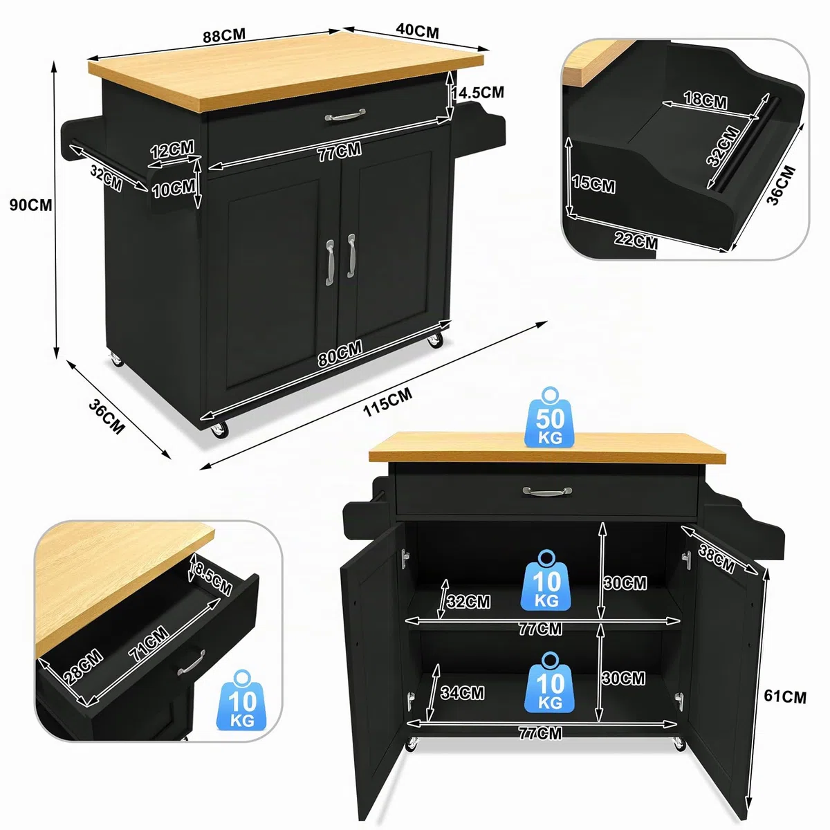 LZQ Chariot de cuisine avec plan de travail Mobilier de cuisine mobile Îlot de cuisine Roulable, chariot de cuisine, chariot de service 115x36x90cm Noir