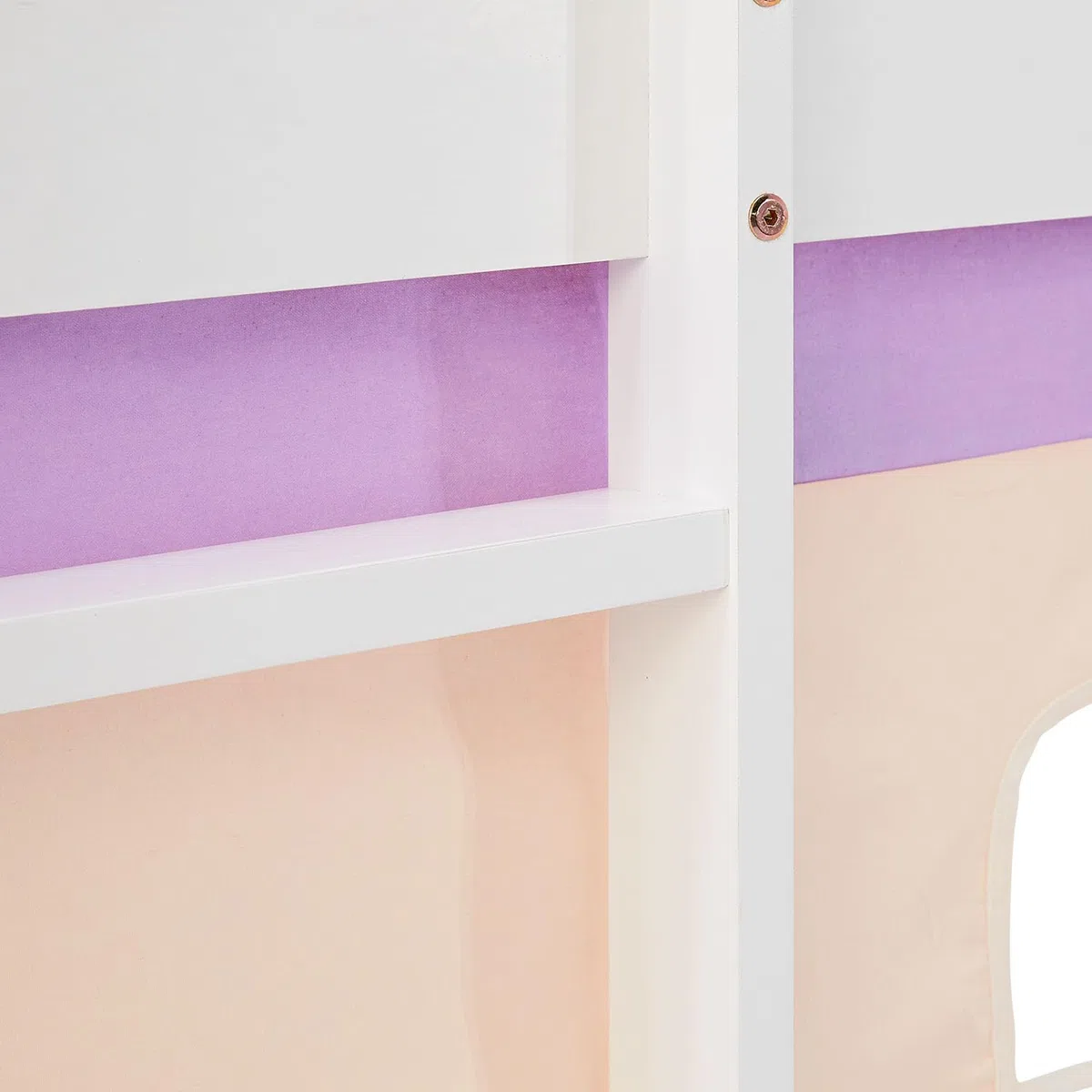 Homestyle4u Lit mezzanine avec toboggan - 90 x 200 cm - Blanc - Pour fille - En pin massif - Avec rideau - Violet et beige - Échelle et protection contre les chutes
