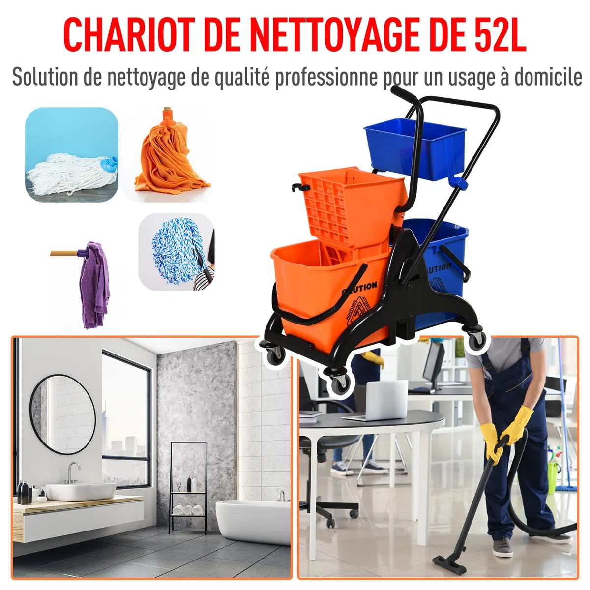 HOMCOM Chariot de ménage Chariot de Lavage Professionnel essoreuse latérale Seau 26 L + Panier de rangements 78 x 45 x 95 cm métal et Plastique Orange